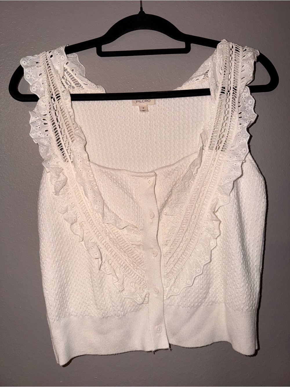 Pilcro Ivory Ruffle Eyelet Button-Front Tank